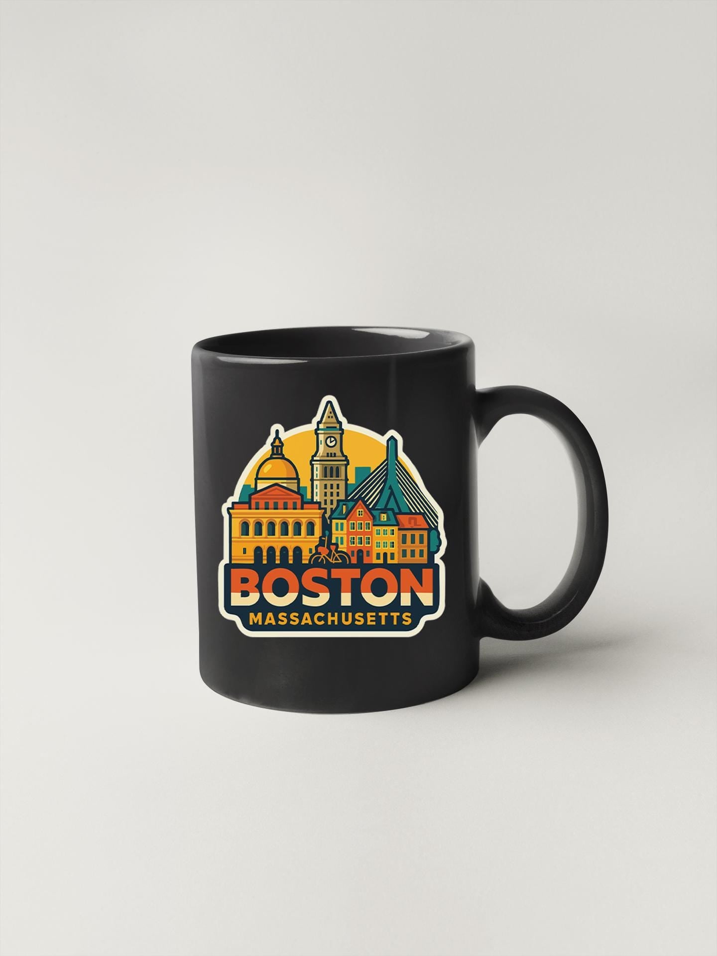 a black coffee mug with a picture of boston on it