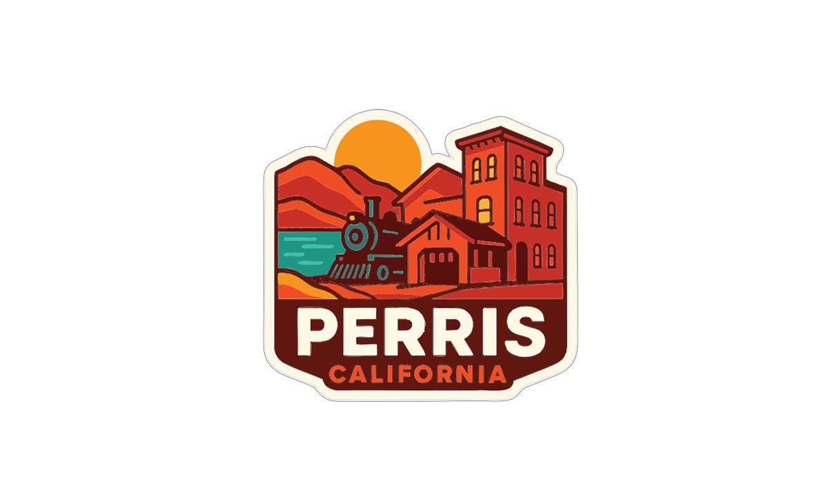 A sticker or logo depicting a train, buildings, and a sunset in a scenic landscape, with the text "PERRIS CALIFORNIA" prominently displayed.