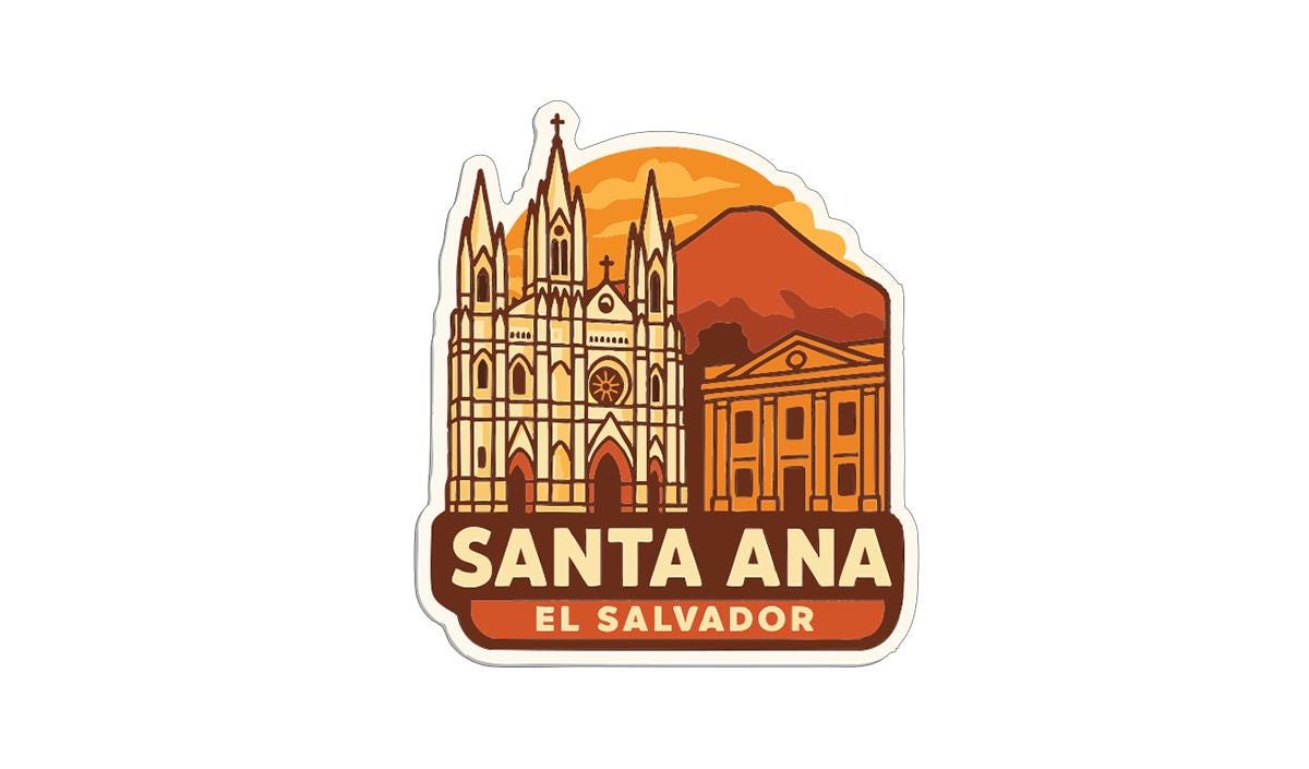 a sticker or emblem with a stylized illustration of a cathedral and a mountain, with the text "SANTA Ana EL Salvador" prominently displayed.