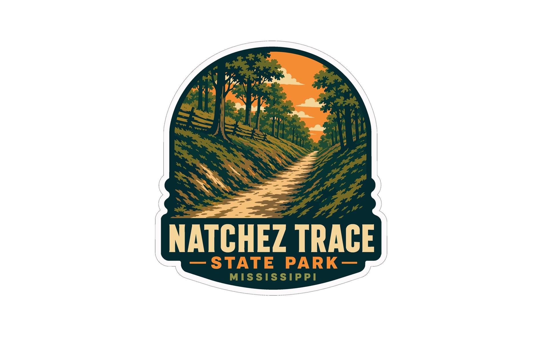 A sticker or logo depicting a scenic path through a forested area with a sunset in the background.