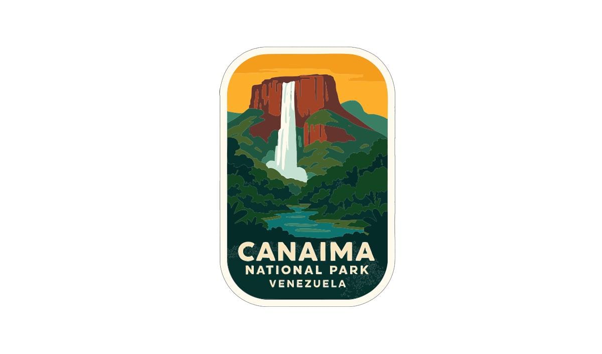 a sticker or label with a stylized illustration of a waterfall and mountains, representing the Canaima National Park in Venezuela.