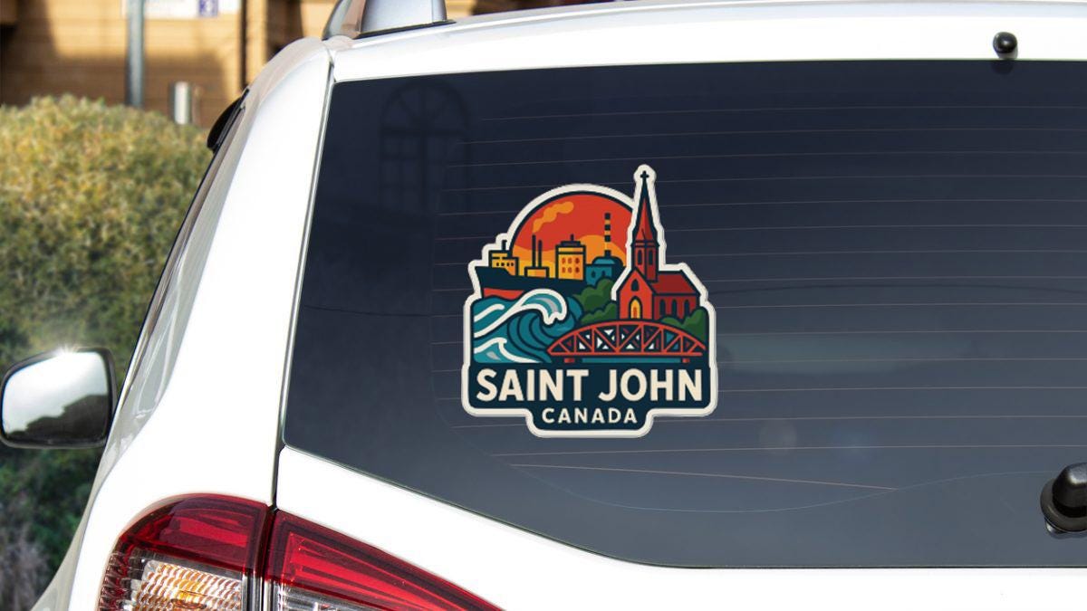 A sticker on the rear window of a vehicle that says "Saints John Canada".