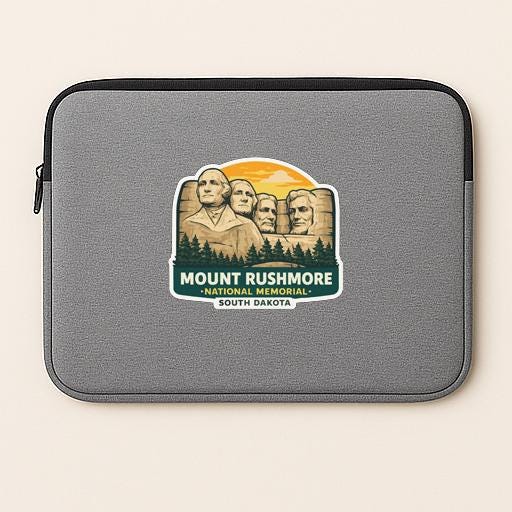 a gray laptop sleeve with a logo of Mount Rushmore National Memorial in South Dakota.