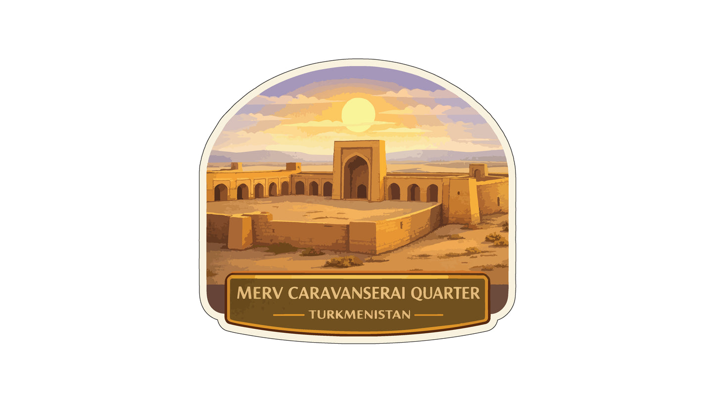a large, ancient-looking structure with arches and walls, set against a desert landscape with a bright sun in the sky.