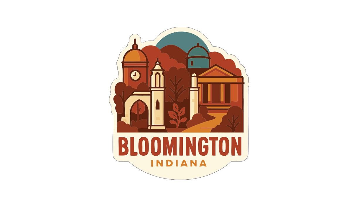 A sticker or emblem featuring the city of Bloomington, Indiana, with various landmarks and buildings depicted in a stylized, colorful illustration.
