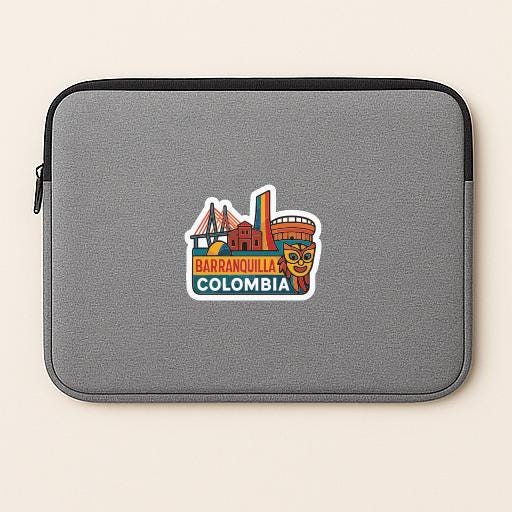 A gray laptop sleeve with a colorful sticker depicting a cityscape and text.