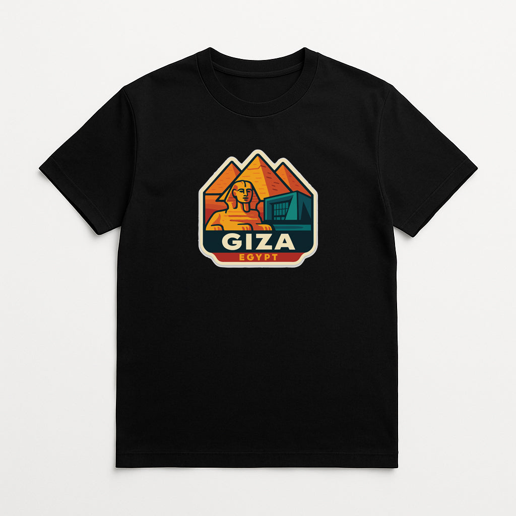 A black t-shirt with a graphic design featuring the name 'Giza' and the word 'Egypt' printed on it.