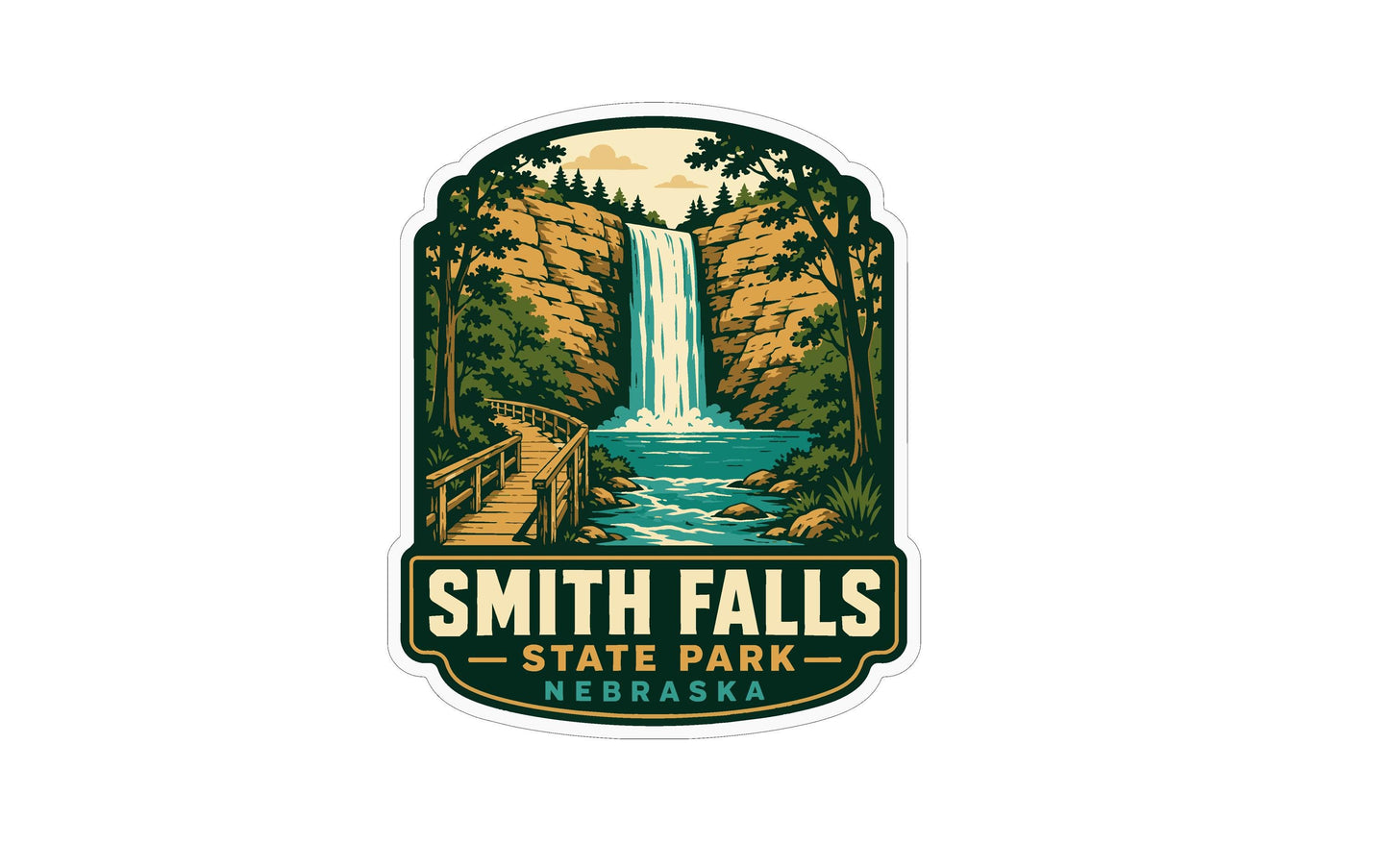 A sticker or emblem featuring a waterfall surrounded by trees and a wooden walkway, with the text "Smith Falls State Park - Nebraska" prominently displayed.