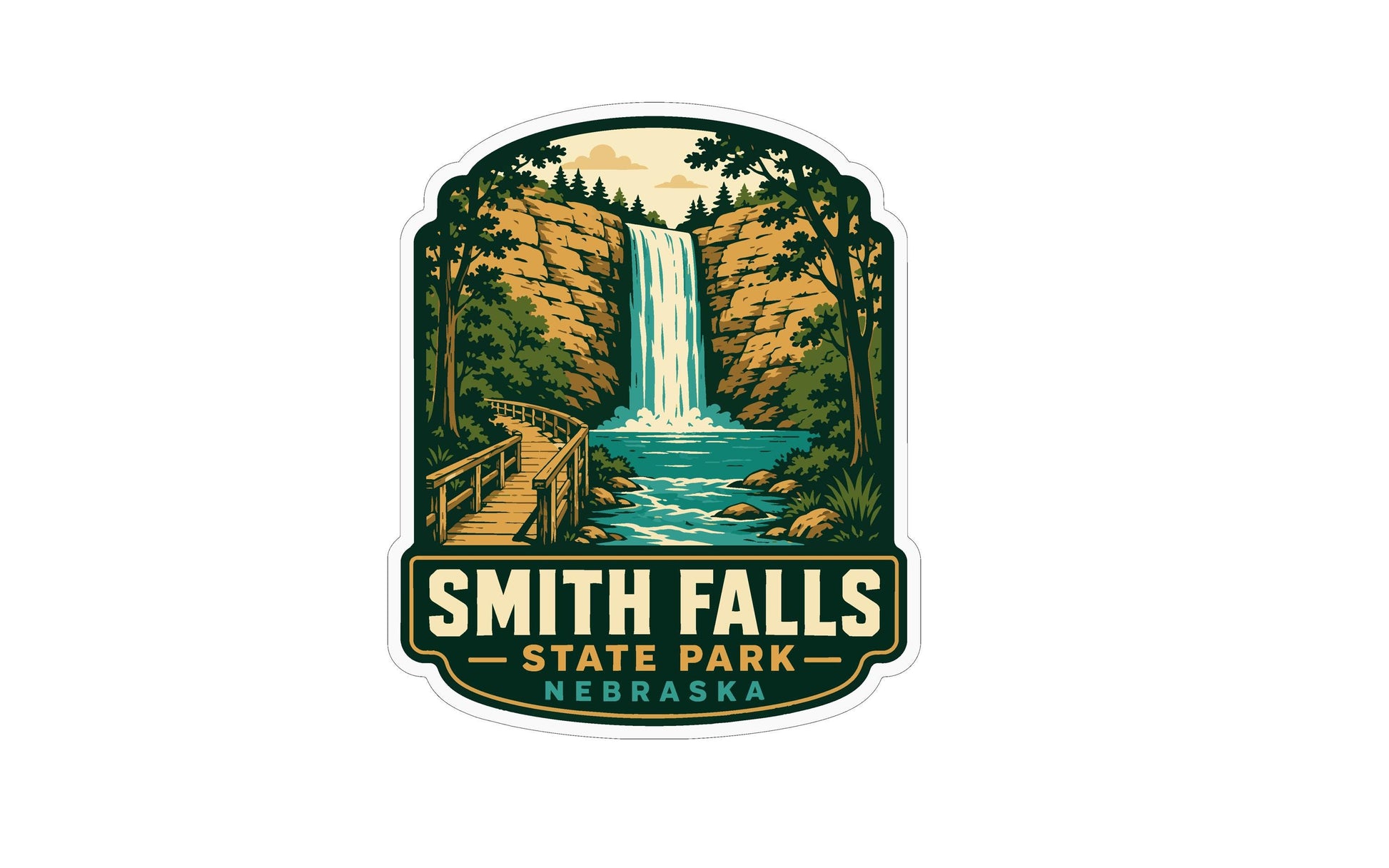A sticker or emblem featuring a waterfall surrounded by trees and a wooden walkway, with the text "Smith Falls State Park - Nebraska" prominently displayed.