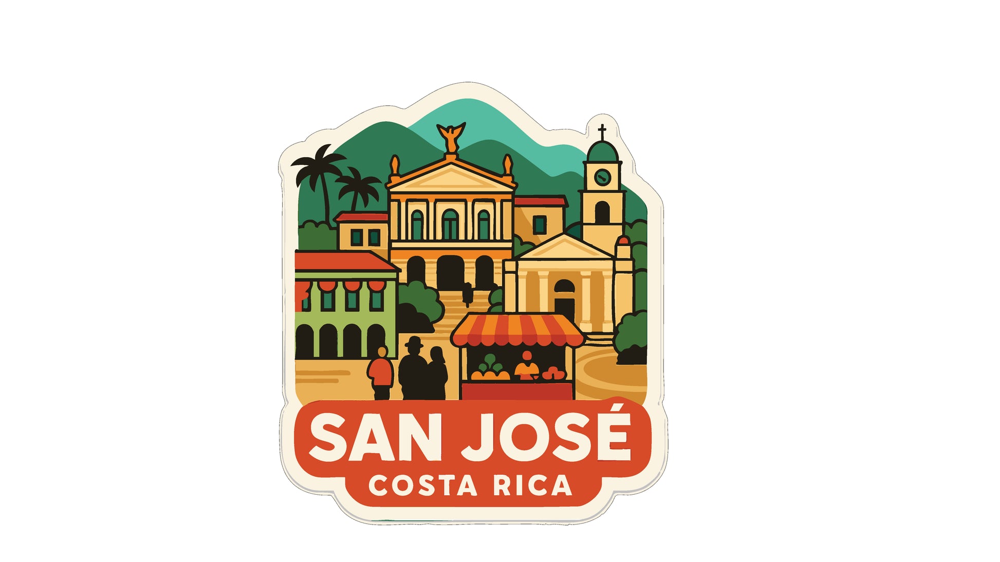 The image is a sticker depicting a cityscape with buildings, a church, and a market, with the text "SAN JOSE, COSTA RICA" prominently displayed.