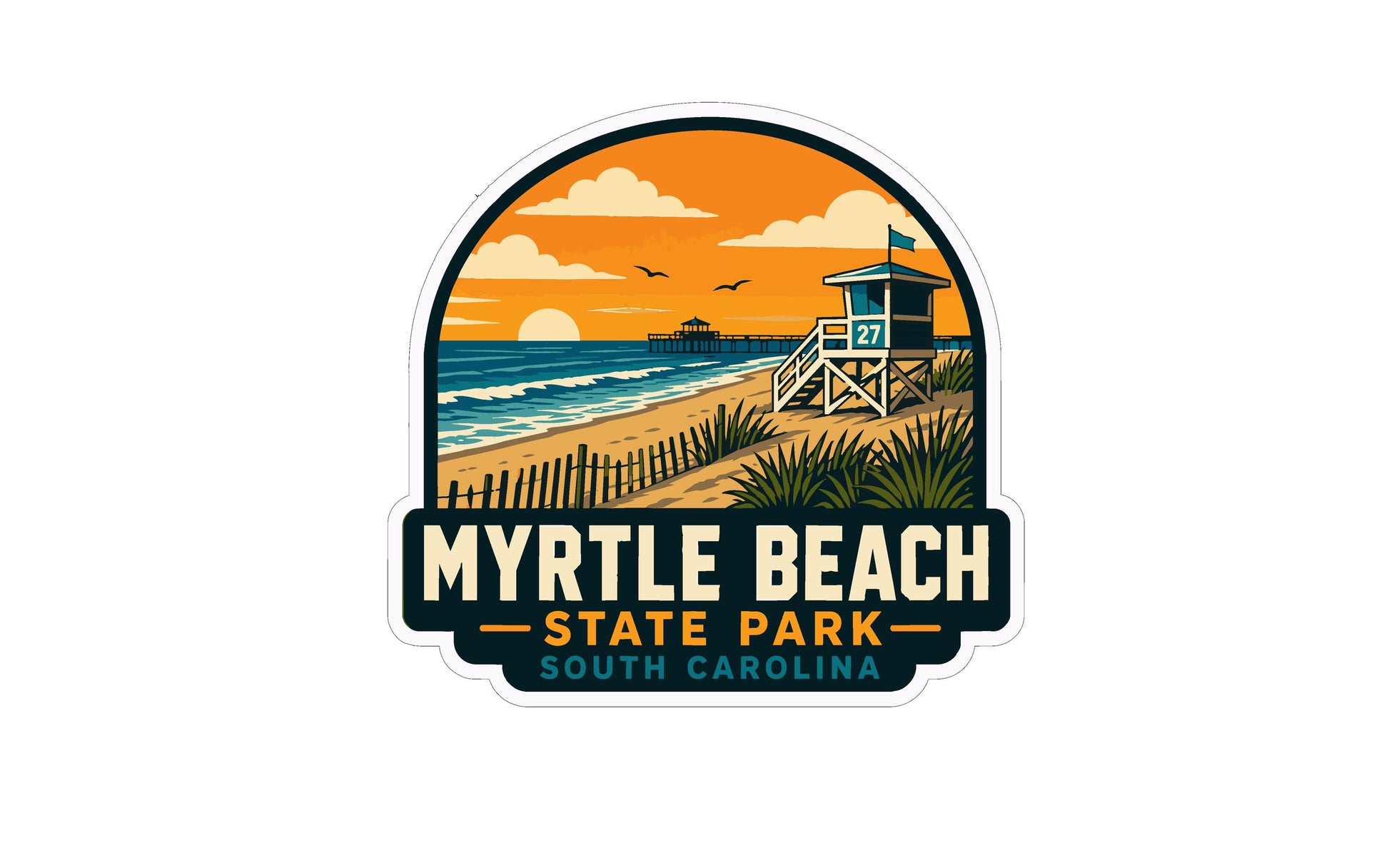 A sticker or logo depicting a beach scene with a lifeguard tower, palm trees, and a sunset over the ocean.