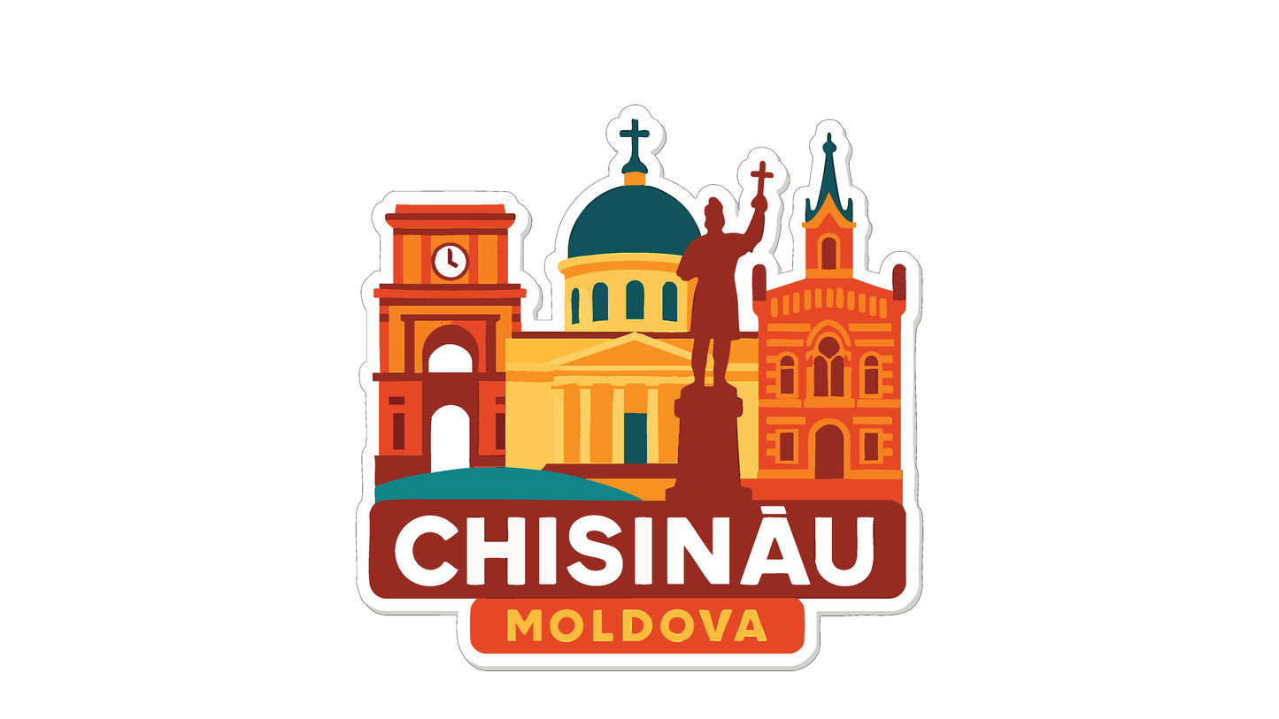 The image is a sticker or logo depicting the city of Chisinau, Moldova, with various landmarks and buildings.