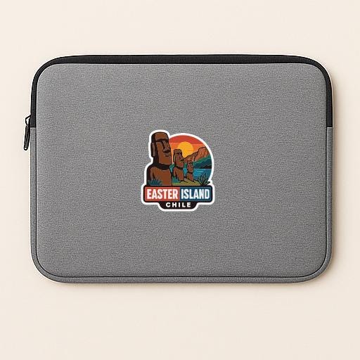 A gray laptop sleeve with a colorful sticker depicting Easter Island and the text "Easter Island Chile".