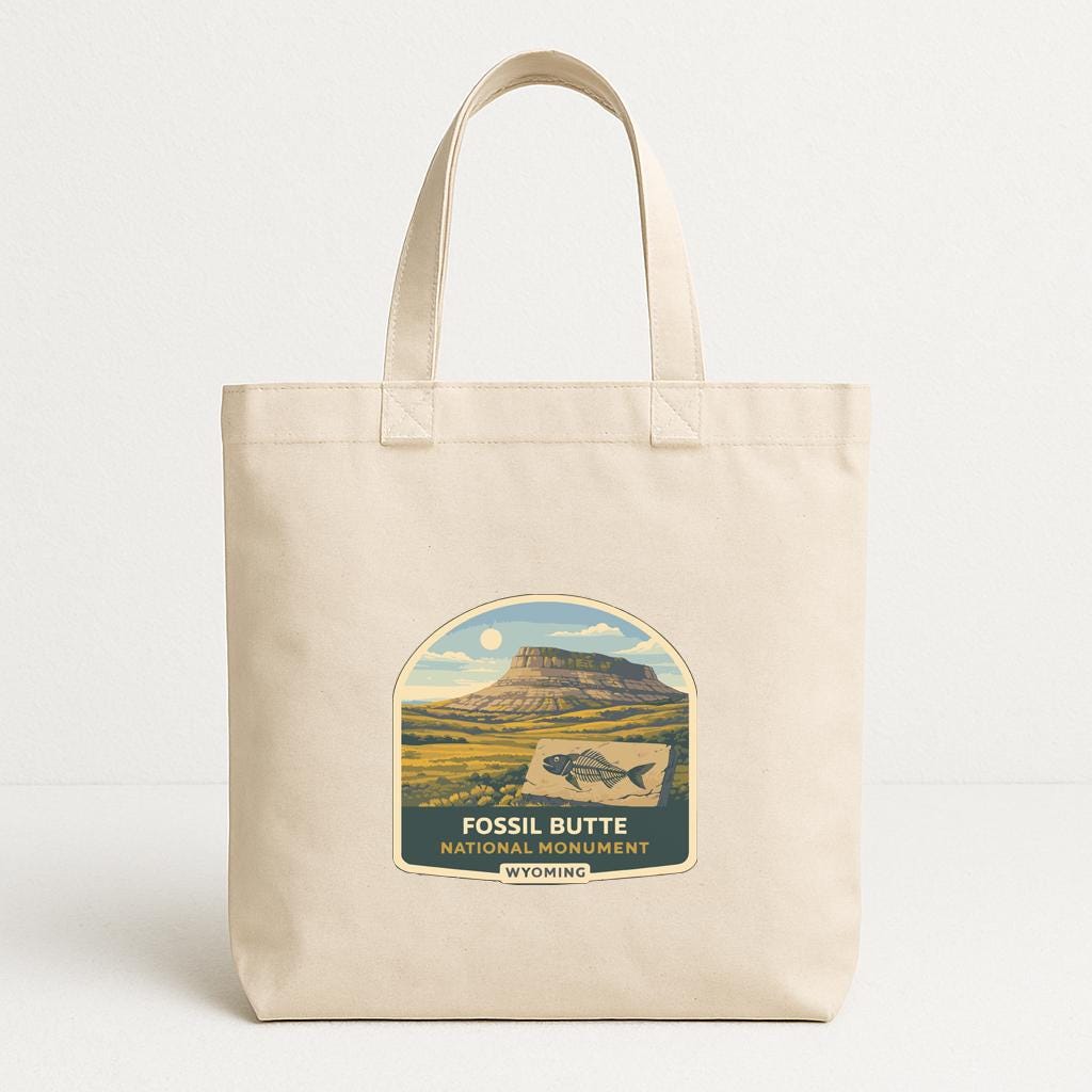 A beige tote bag with a graphic design featuring a mountain landscape and a fish.