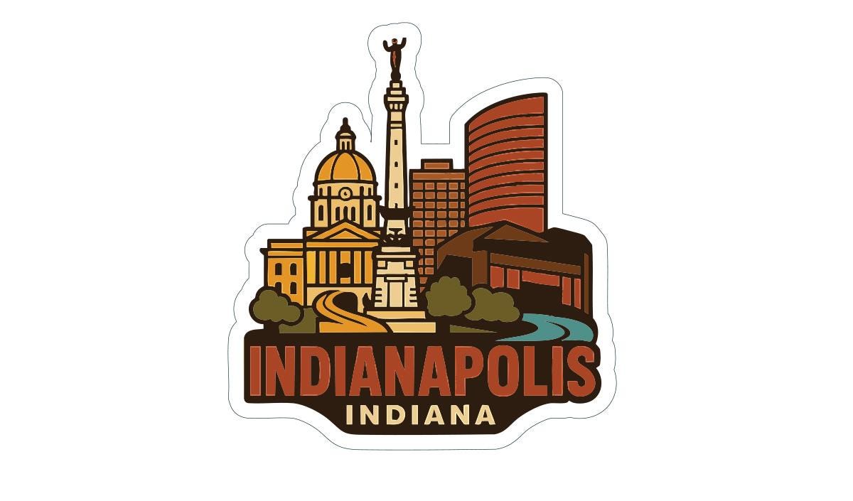 Sticker depicting the skyline of Indianapolis, Indiana, with various architectural elements such as domes, towers, and buildings.