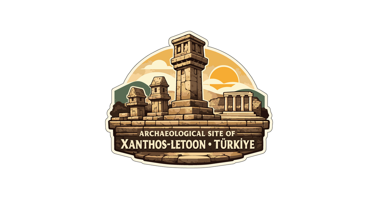 a stylized illustration of an archaeological site, including a tall tower, buildings, and a sunset in the background.