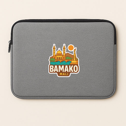 A gray laptop sleeve with a graphic design featuring the city of BAMAKO, Mali.
