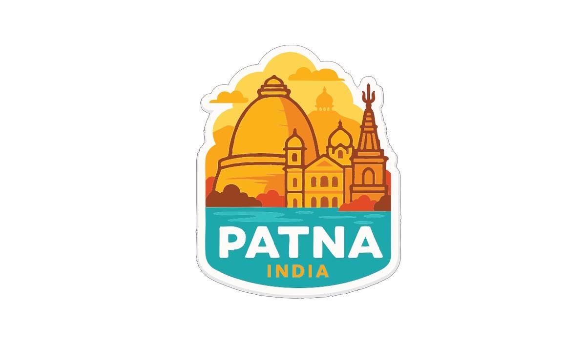 A sticker or emblem featuring the cityscape of Patna, India, with the text "PATNA INDIA" prominently displayed.