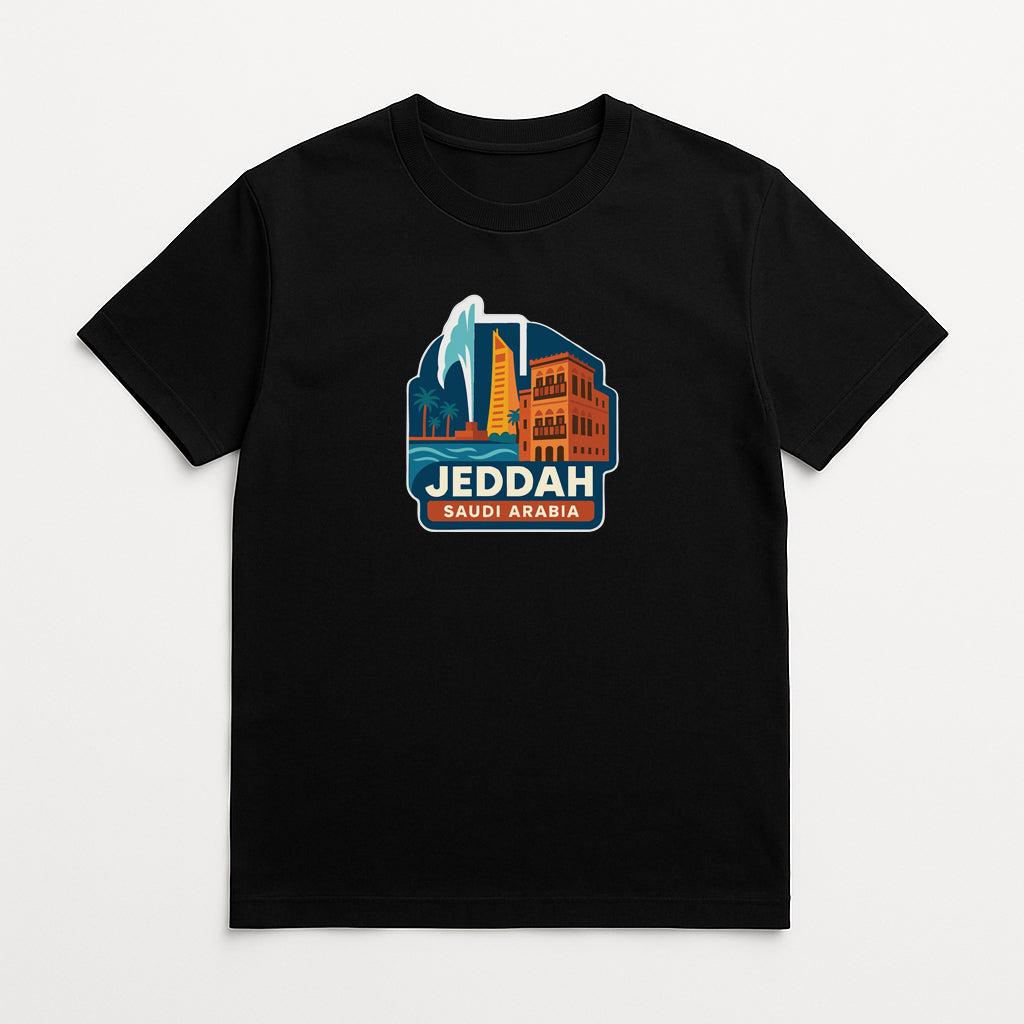 A black t-shirt with a graphic design depicting a city skyline, including a tall building and a building with a distinctive shape.