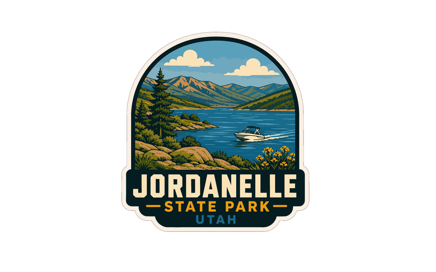 A sticker or emblem featuring a scenic landscape with mountains, a lake, and a boat, along with the text "JORDANELLE STATE PARK UTAH".