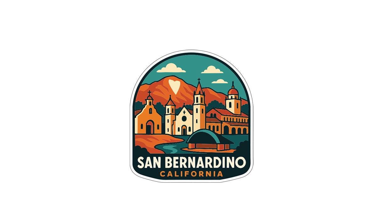 A colorful illustration of San Bernardino, California, featuring a cityscape with buildings, mountains, and a river.