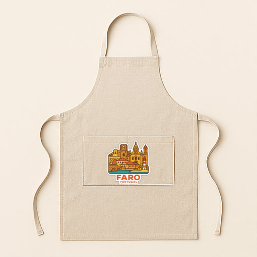 A beige apricot with a graphic of a cityscape and the text "FARO PORTUGAL" printed on it.