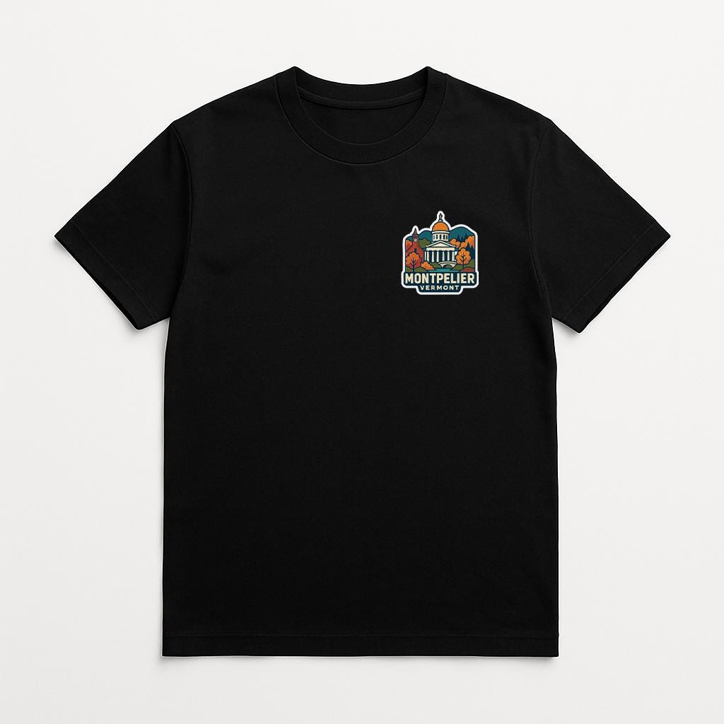 A black t-shirt with a graphic design on the left side, depicting a building and a mountain.