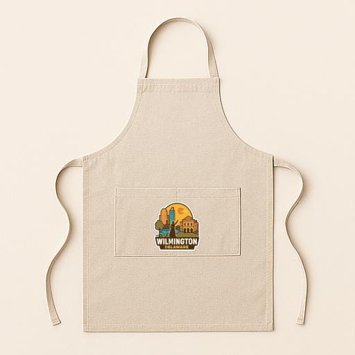 A beige apricot with a graphic of a city skyline on the front pocket.
