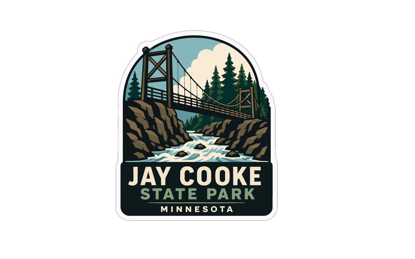 A sticker or emblem featuring a suspension bridge over a river, surrounded by trees and mountains, with the text "JAY COOOK STATE PARK MINNESOTA" prominently displayed.