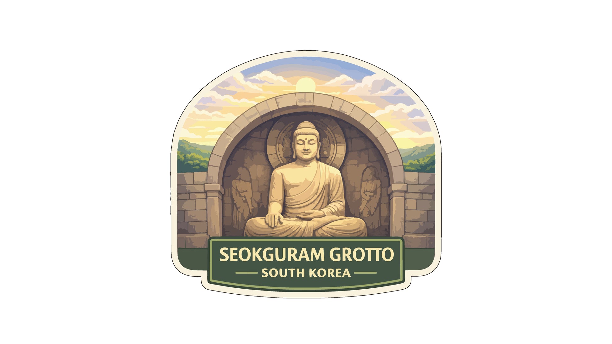 A stylized illustration of Buddha seated in an archway, with a scenic landscape in the background. The text below the image reads "SEOKGURAM GROTTO SOUTH KOREA".