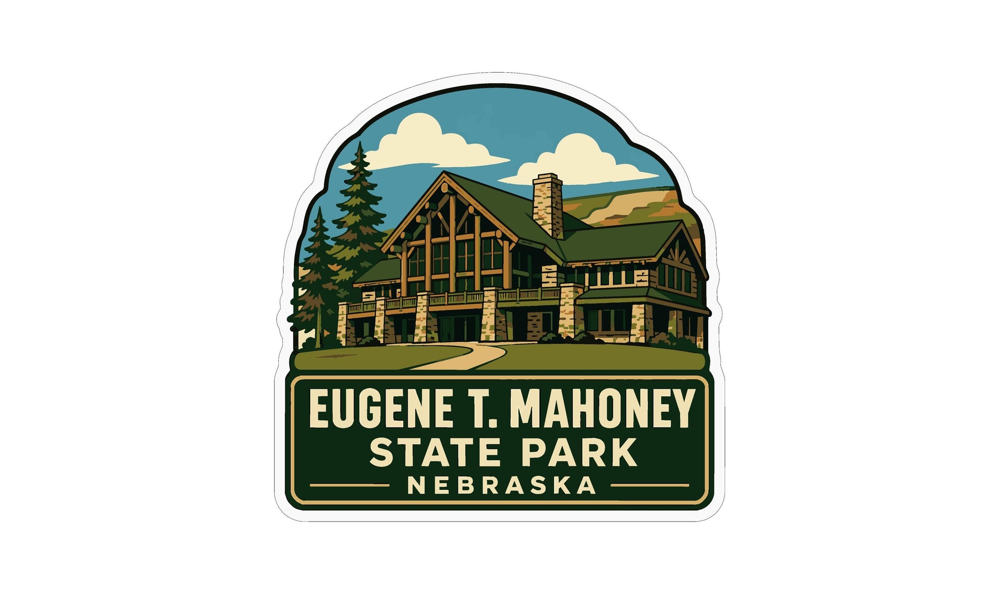 A sticker depicting a lodge or cabin surrounded by trees and mountains, with the text "EUGENE T. MAHONEY STATE PARK NEBRASKA" below it.
