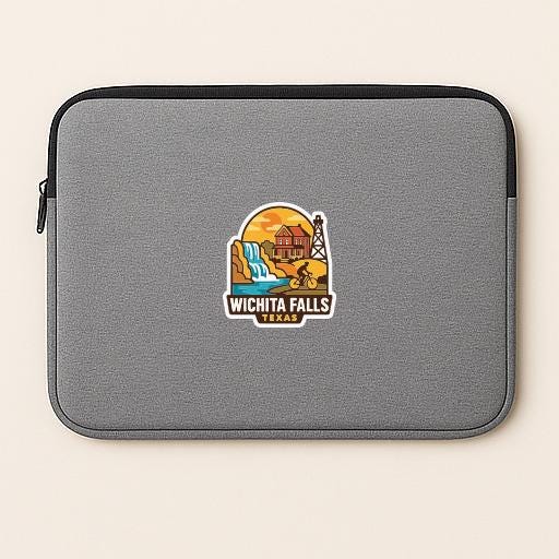 A gray laptop sleeve with a graphic of a scenic landscape and the text "Wichita Falls, Texas" printed on it.
