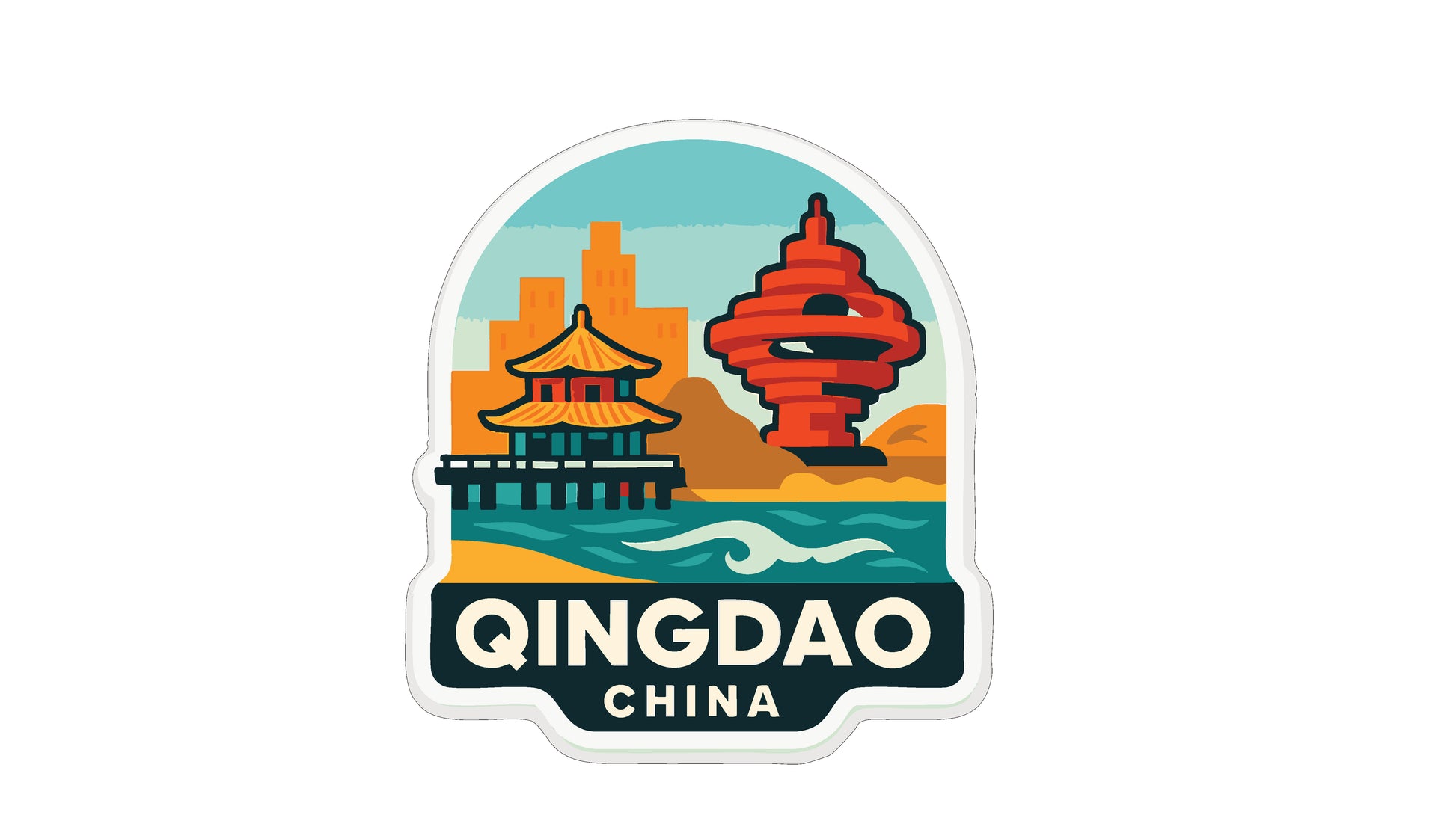 A sticker depicting the skyline of Qingdao, China, with a pagoda and a red tower in the background.