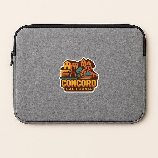 a gray laptop sleeve with a colorful logo that says "CONCORD CALIFORNIA".