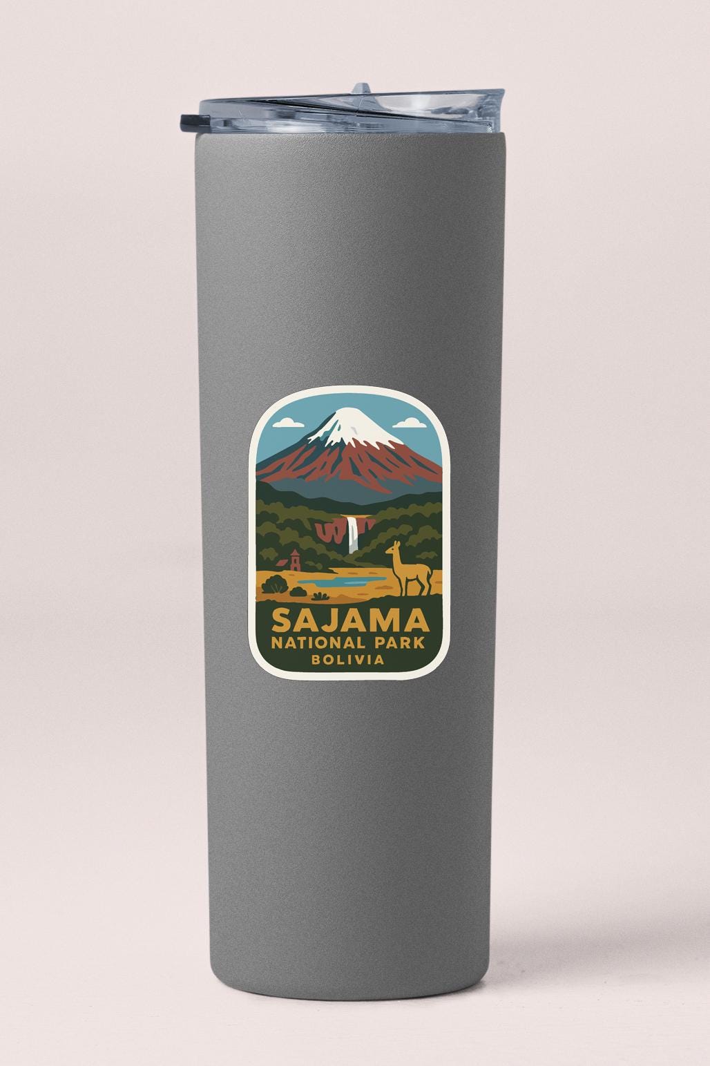 A gray tumbler with a label that says "SAJAMA NATIONAL PARK BOLIVIA" on it.