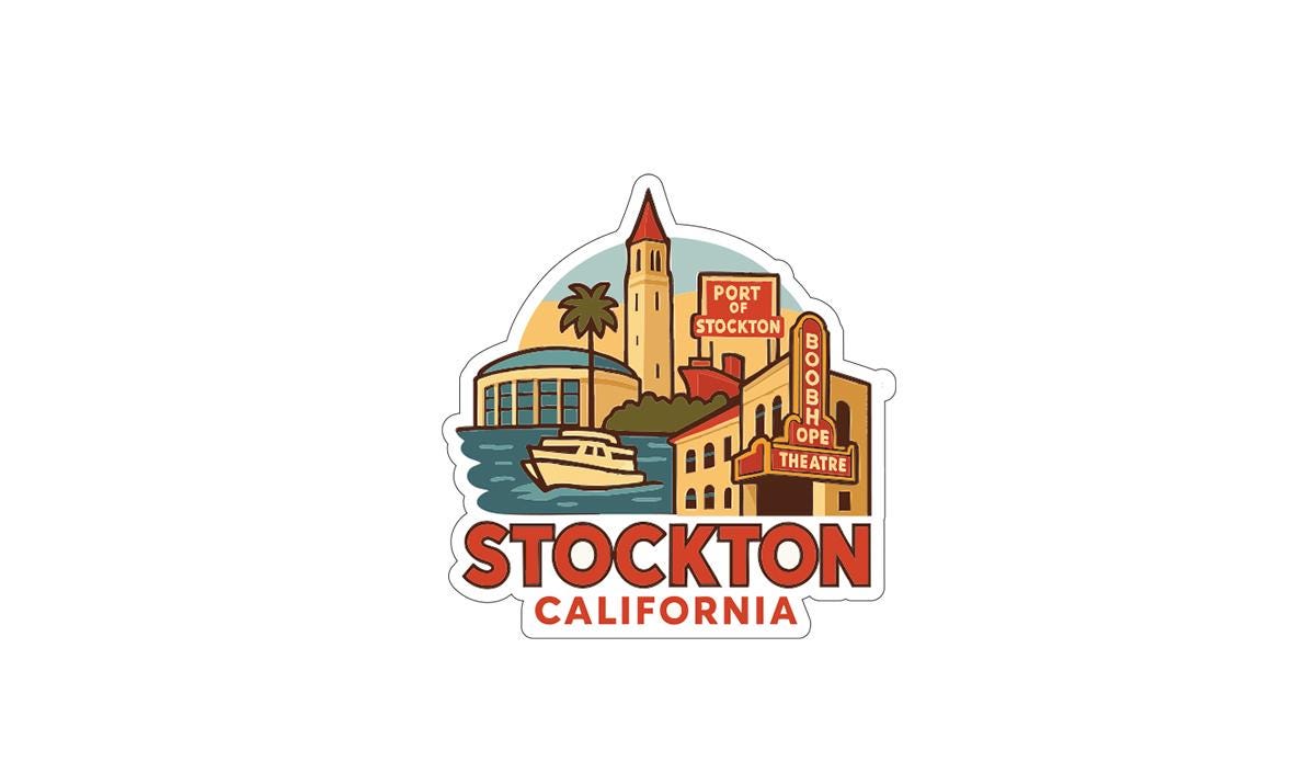 A sticker depicting the Port of Stockton, California, with various landmarks and buildings, including the Booshop Ope Theatre.