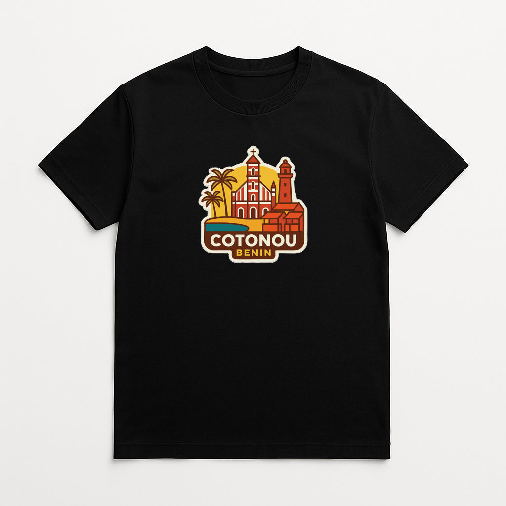 A black t-shirt with a graphic design depicting the city of Cotonou, Benin.