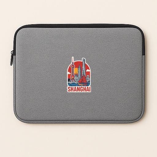 A gray laptop sleeve with a sticker of the Shanghai skyline on it.