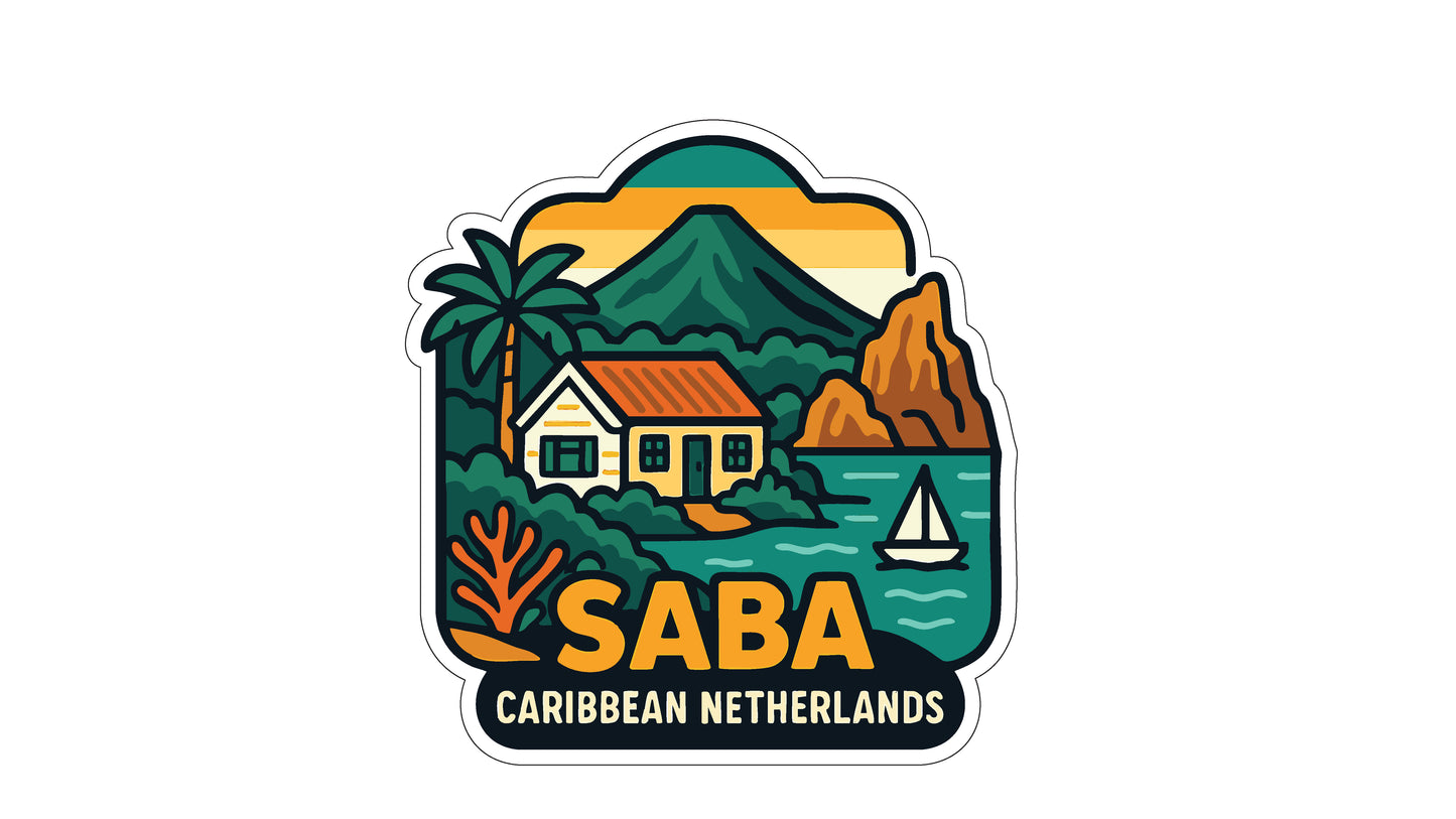 a sticker or logo depicting a tropical island scene with a house, palm trees, mountains, and a sailboat.