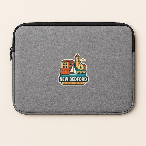 A gray laptop sleeve with a colorful graphic of a city skyline and the text "NEW BEDFORD Massachusetts" printed on it.