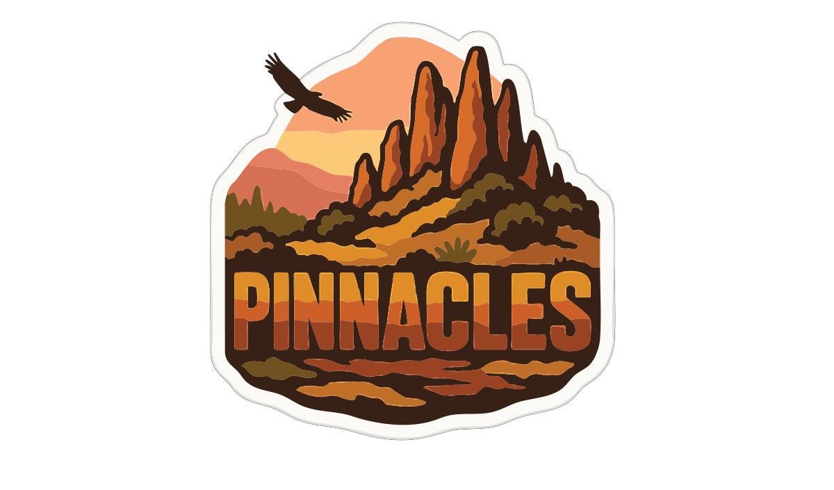 A sticker or logo featuring a mountain landscape with a bird flying over it, and the word "PINNACLES" prominently displayed.