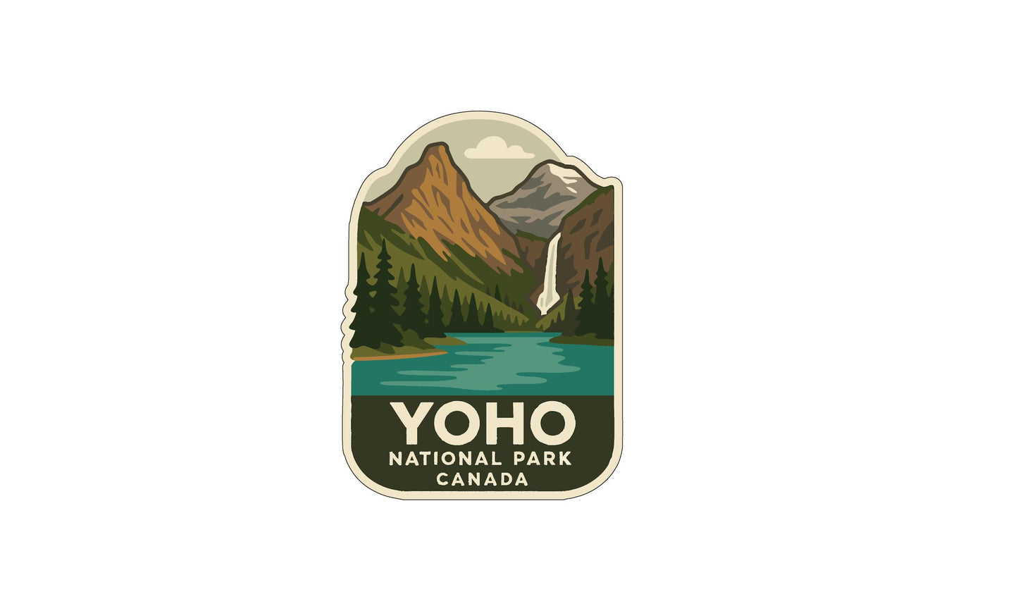 A logo for Yoho National Park, Canada, featuring a mountain landscape with a waterfall and a lake.