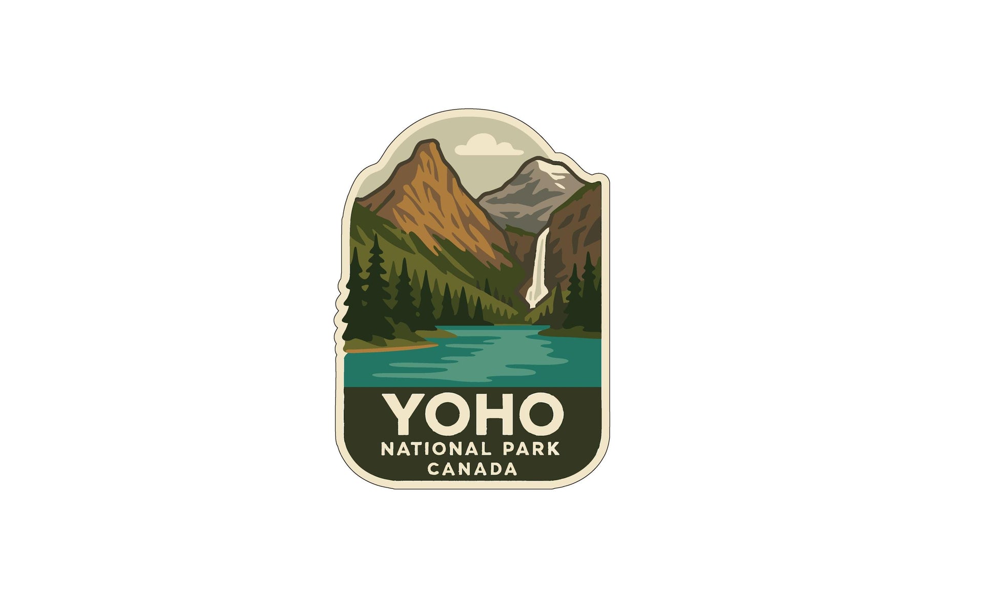 A logo for Yoho National Park, Canada, featuring a mountain landscape with a waterfall and a lake.
