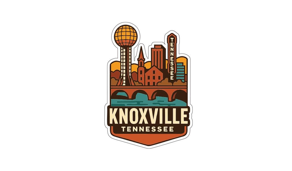 A stylized sticker or emblem featuring the city of Knoxville, Tennessee, with various landmarks and elements such as a tower, bridge, and water.