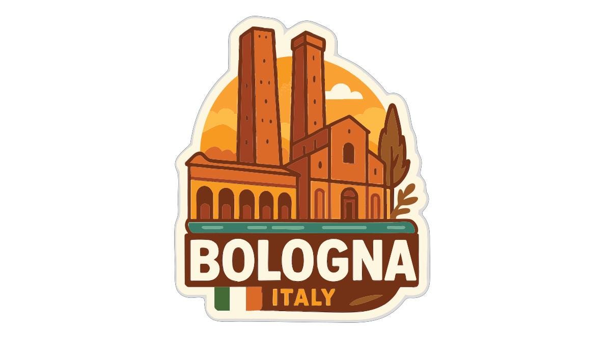 A sticker or illustration depicting the city of Bologna, Italy, with a large building and two towers in the background.