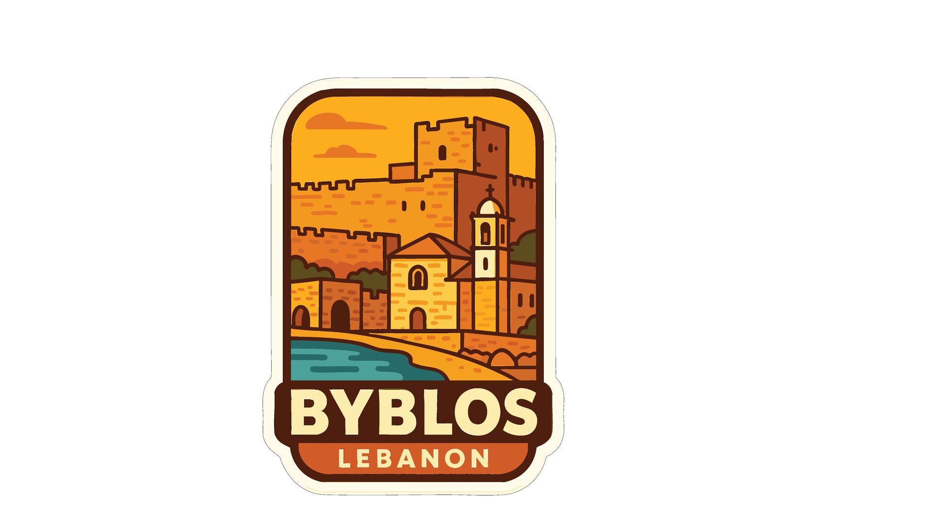 a sticker or logo depicting a cityscape with a castle, a church, and a body of water.