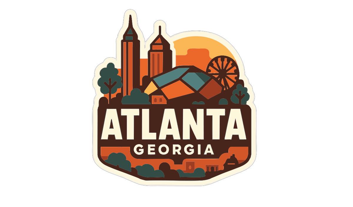 a stylized illustration of the city of Atlanta, Georgia, with various landmarks and elements such as buildings, a ferris wheel, and a sunset.