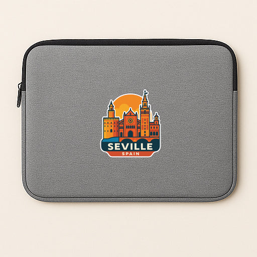 a gray laptop sleeve with a graphic of a city skyline and the text "SEVILLE, SPAIN" printed on it.