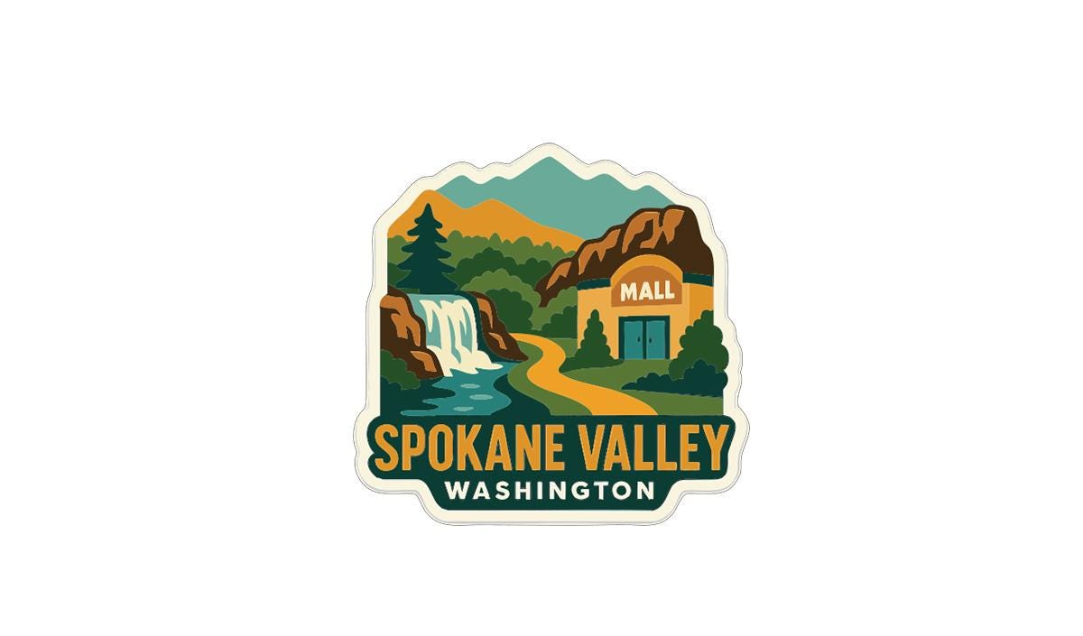 a sticker or logo depicting a scenic landscape with a waterfall, mountains, and a building labeled "MALL WASHINGTON".