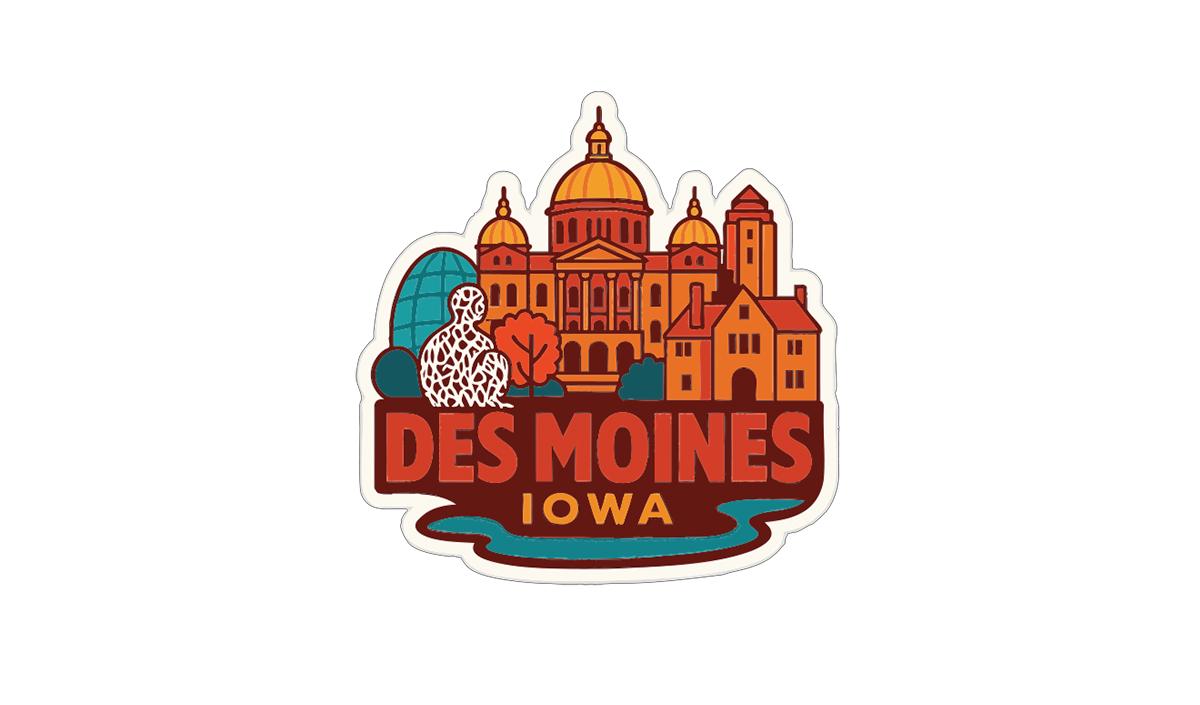 A sticker depicting the skyline of Des Moines, Iowa, with a variety of buildings and landmarks.